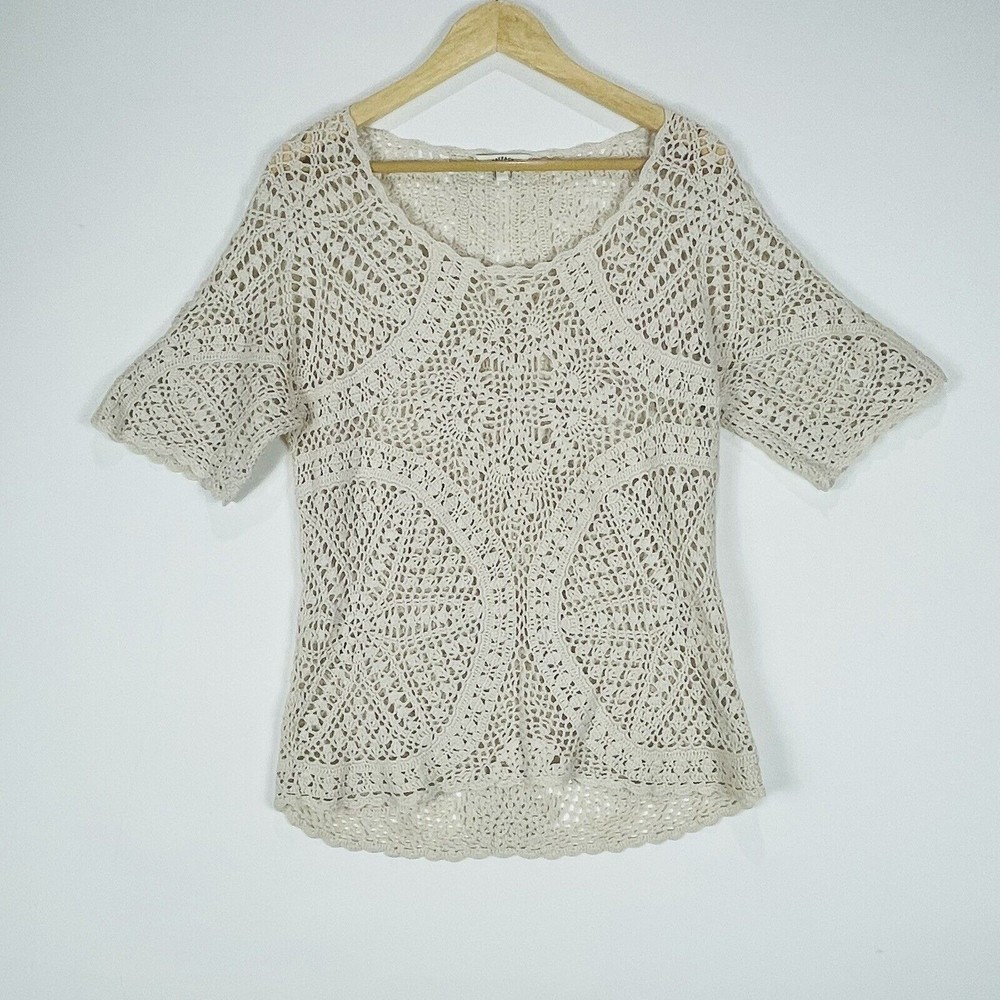 Fatface‎ Sweater Womens Sz Medium UK Beige Crochet Cottage Boho Coastal Grandma